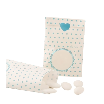 Sacchetti carta pois azzurri 8x14cm con adesivo cuore – Confezione da 10 pezzi