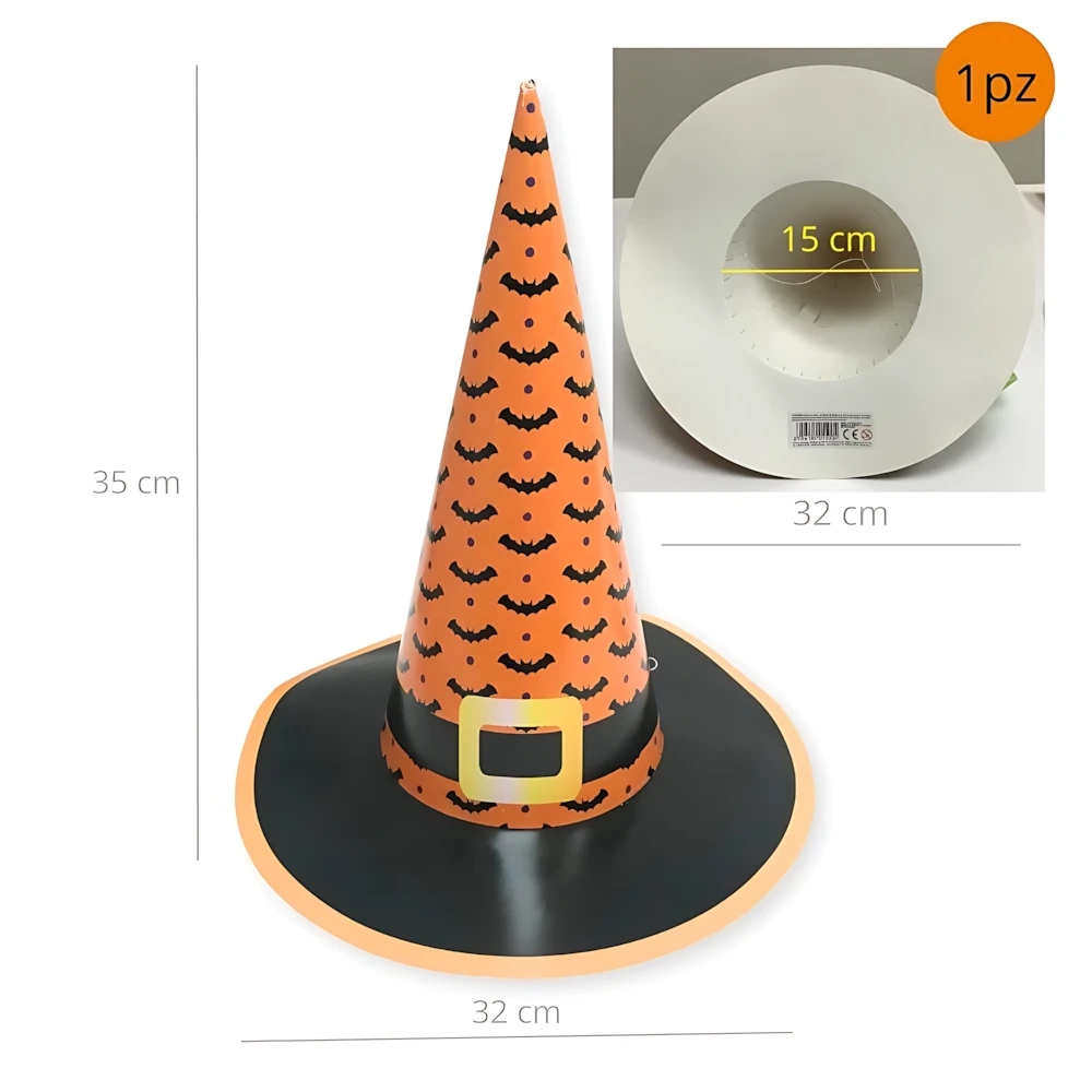 Cappello da strega Halloween arancione con pipistrelli, 1pz.