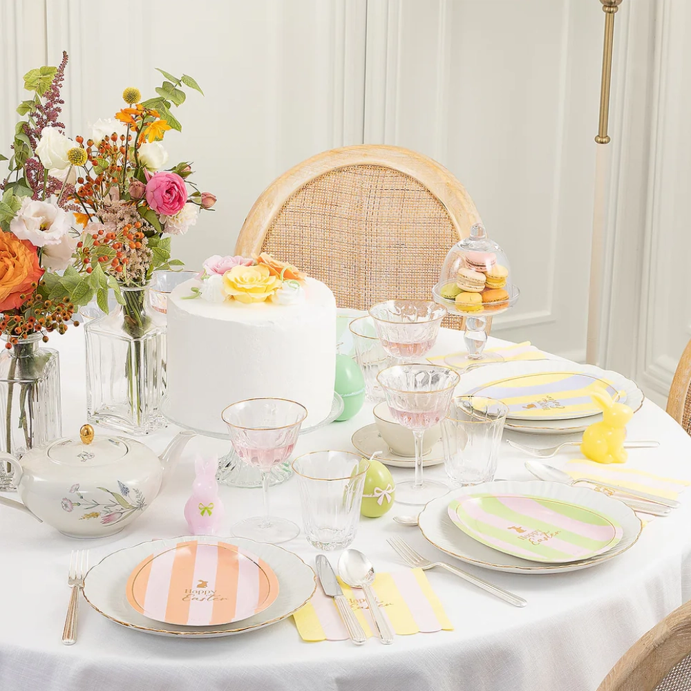 8 Piatti Sagomati Uovo "Happy Easter" Righe Pastello e Oro 22cm 8pz