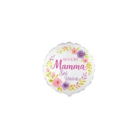 Palloncino Mylar Tondo 9" (22cm) Auguri Mamma Sei Unica - Fiori 5pz